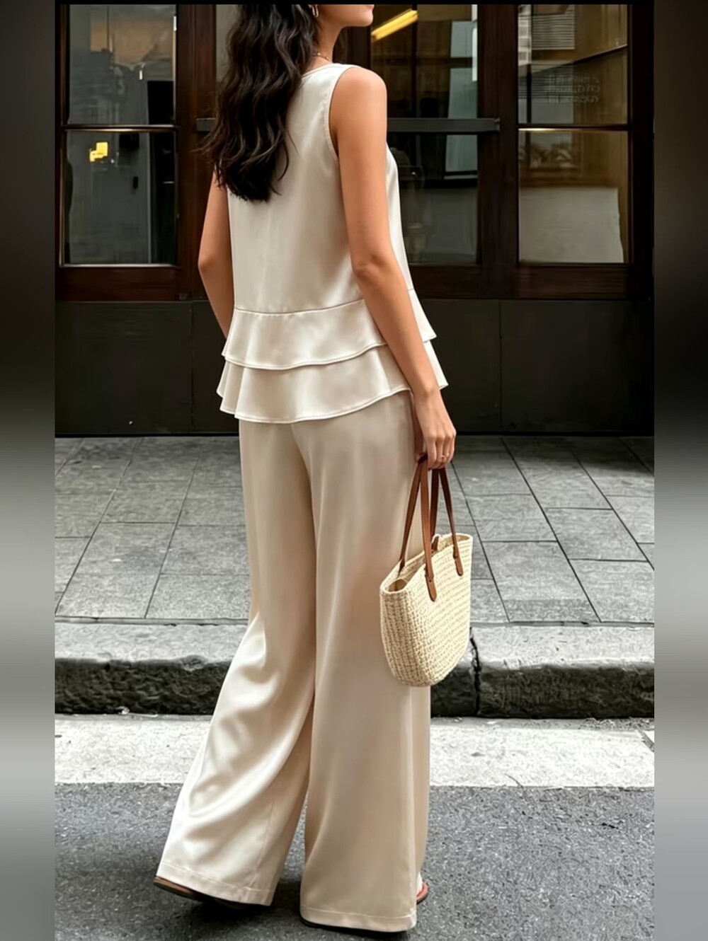 Classy Champagne Satin ruffled hem 2 pc. pants suit, XL. FREE earrings! - Picture 2 of 4